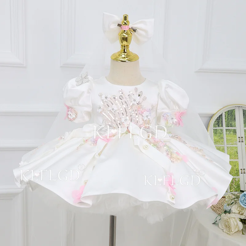 KLFLGD Vestido de satén bordado para niña, hecho a mano, para boda, noche, elegante, con mangas abullonadas, para cumpleaños