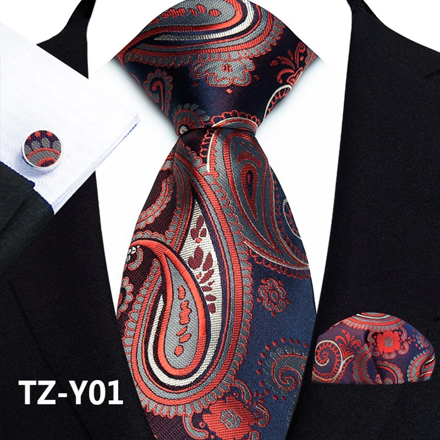 Paisley-Krawattenset für Herren, luxuriöse Krawatte, Einstecktuch, Manschettenknöpfe, 3-teiliges Set, klassische florale Krawatte, Einstecktuch für Anzug, Hochzeit, Business, Cravata – Detail 7