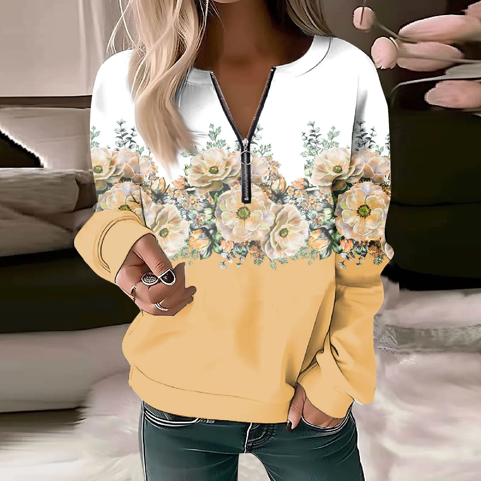 Cross Border 3d Zipper Women's New Flower Pattern Round Neck Long Sleeved Fashionable Casual T-Shirt Wholesale On AliexpressWF4