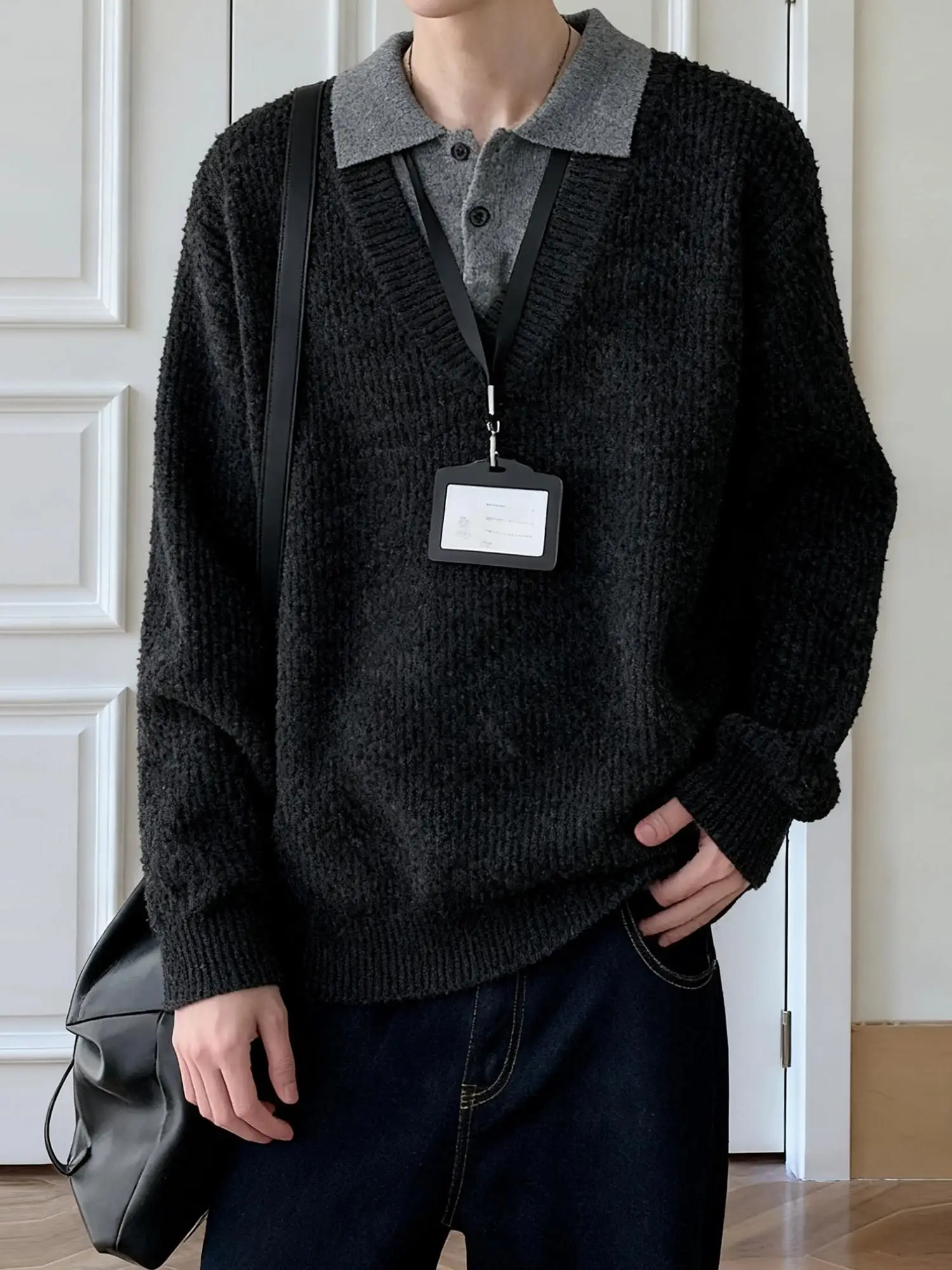 

Laid-ba Sle Fake Two-Piece Knitted Sweater Men's Casual Loose Ne Winter Faion Korean Version High-End Feeling Po...