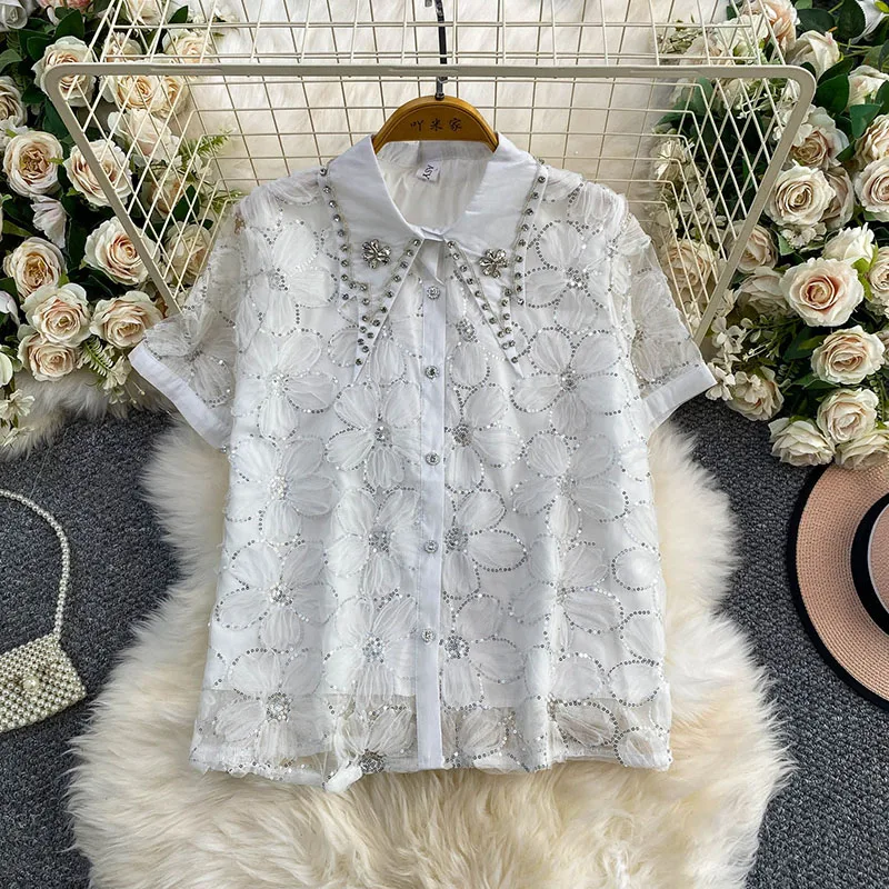 

Летняя женская блузка с французскими стразами и пайетками, модная свободная рубашка с коротким рукавом и отложным воротником C502