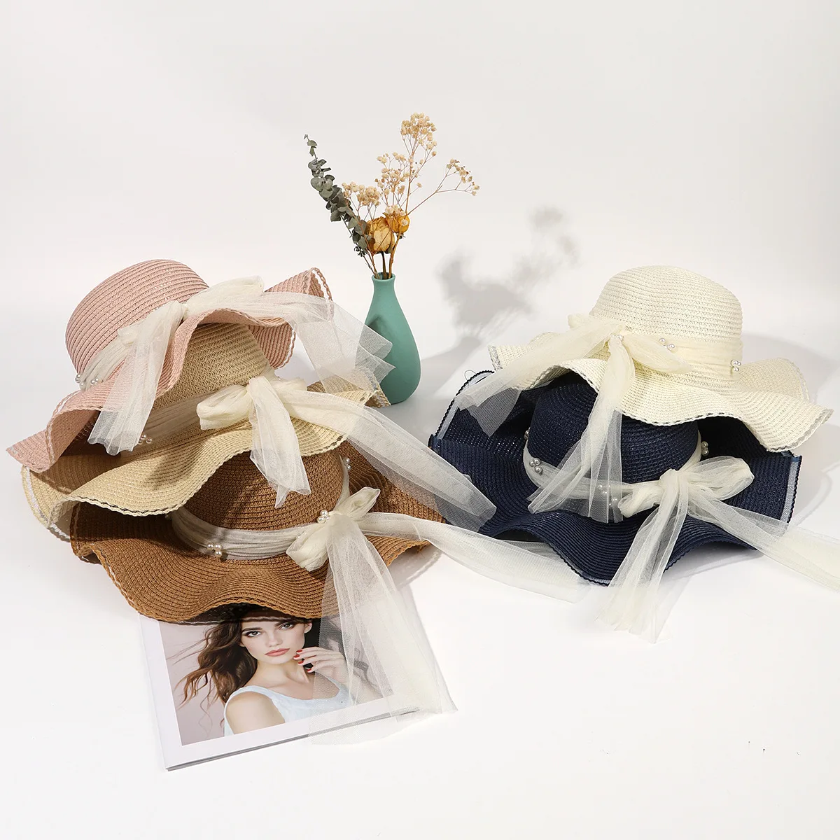 

Straw Hat Women's Summerk-style Pearl Bows Wavy Large Brim Straw Hat Vacation Outdoor Seaside Beach Sun Hat