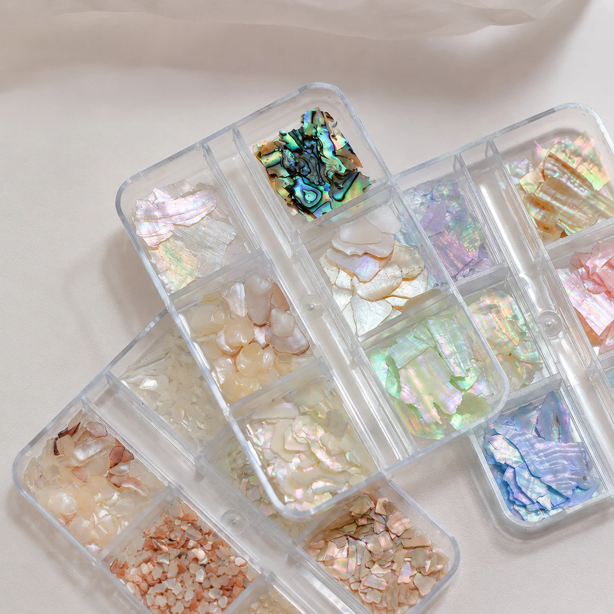 6 compartiments de paillettes irisées en coquille d'ormeau Aurora, éclats naturels pour la décoration de manucure DIY