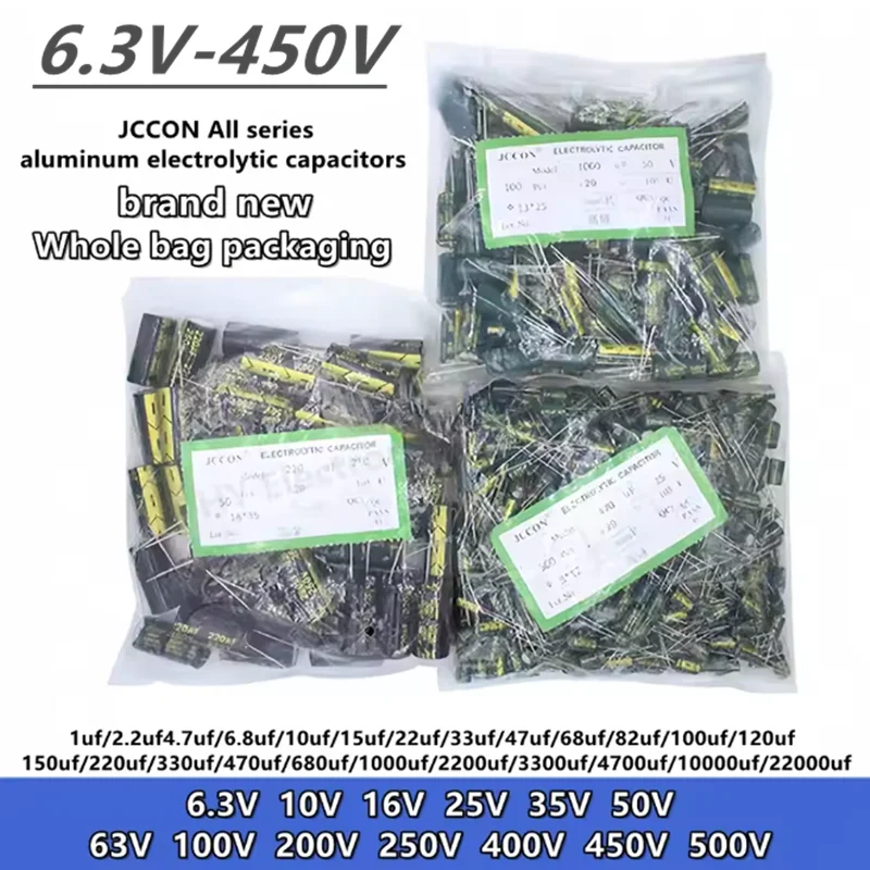 Whole Bag 6.3V 10V 16V 25V 35V 50V JCCON Aluminum Capacitor 4.7 10 100UF 220 330 470UF 1000UF 1500 2200UF 3300 High Frequency Lo