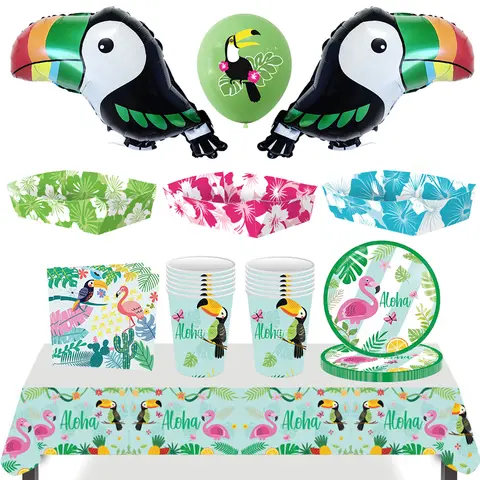 Hawaiian Luau Disposable Tableware Plates Cups Napkin Tablecloth Toucan Balloons Aloha Tropical Flamingo Birthday Party Supplies