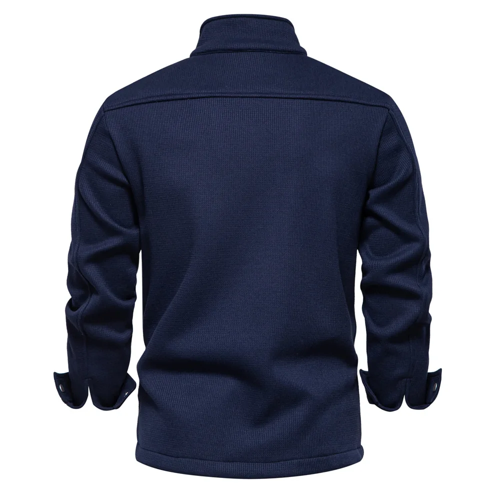 Autumn Winter Fleece Waffle Lapel Zip-Up Jacket Men's Pocket Casual Outerwear