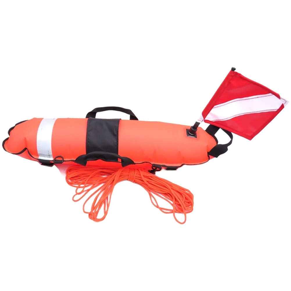 Fishing Buoy Designed for Diving and Hunting Activities Featuring Inflatable Construction and Reflective Elements