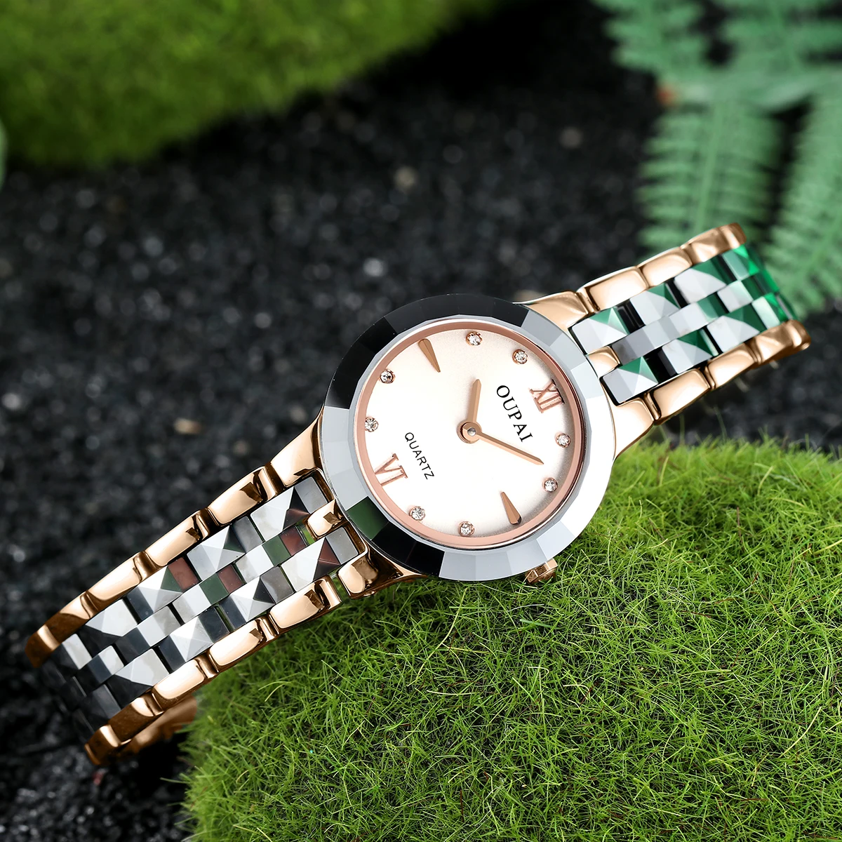OUPAI круглые женские кварцевые часы из нержавеющей стали, повседневные маленькие и изысканные женские часы со шкалой со стразами