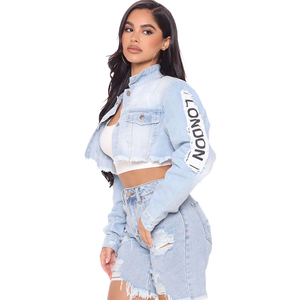 Jacketnew New Stylewomen's Denim Autumn American Net Red Fashion Letters Print Coat Women Cowboy Jacket