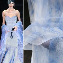 Chiffon Silky New Sea Blue Tie Dye Reflective Semi Transparent Flowing Dress Cardigan Clothing Designer Fabric