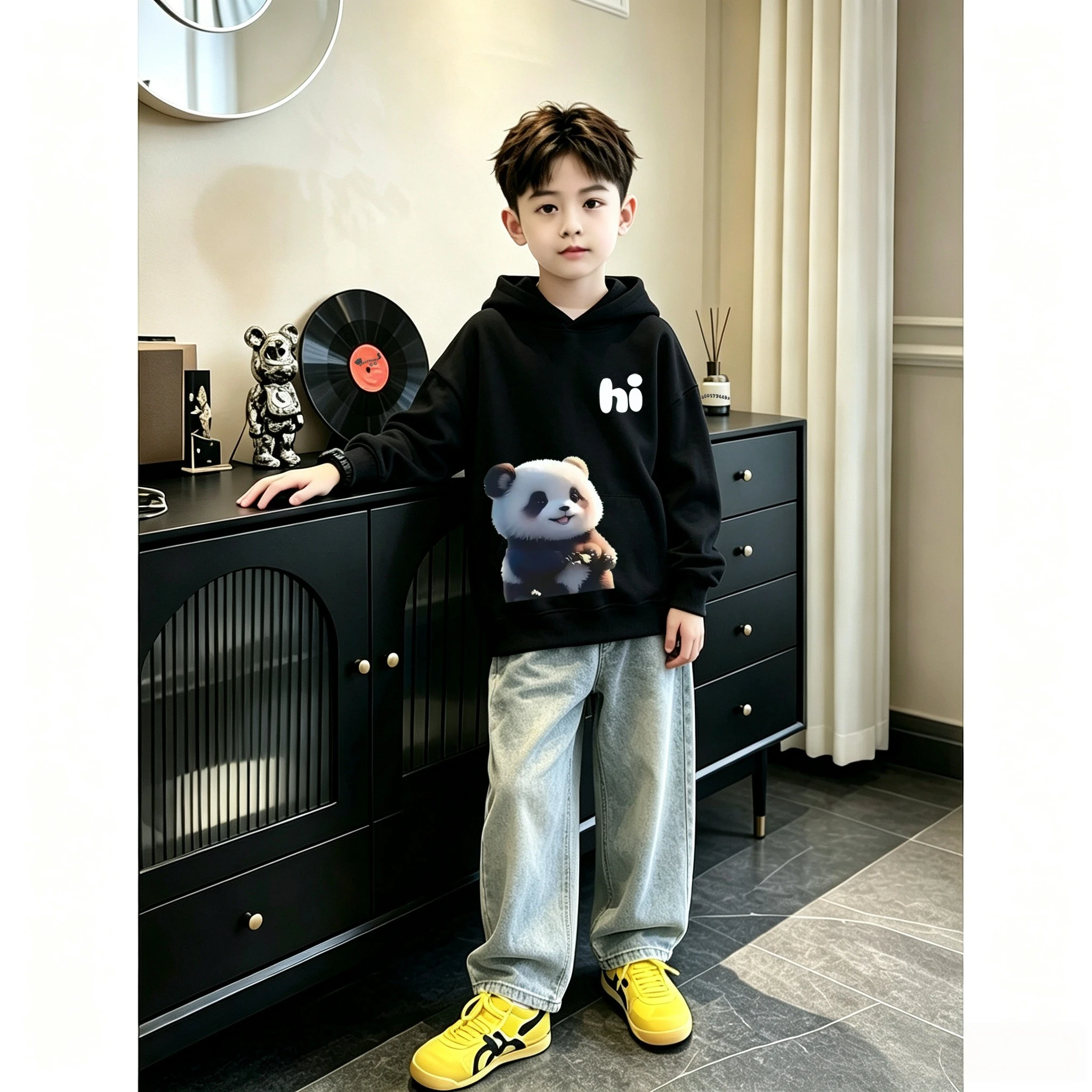 Fashion Children's Hooded Sweater - New Winter-Spring Cartoon Bear Print Boys' and Girls' Long-Sleeved Warm Coat