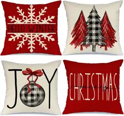 Christmas Pillow Covers  Xmas Decorations Buffalo Plaid Check Christmas Tree Joy Snow Pillow Cases  Farmhouse Decor for Couch