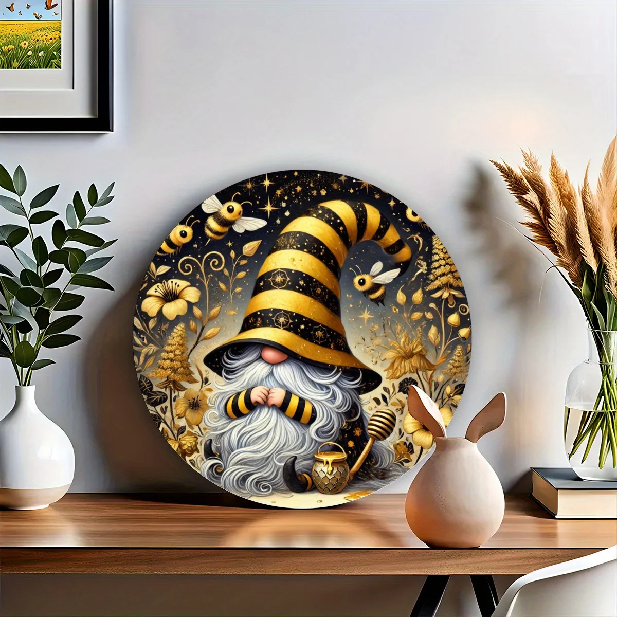 A 20×20Cm (8×8 Inch) Iron Metal Sign Featuring a Bee Garden Gnome Theme, Suitable for Decoration in Guesthouses, Hotels, Restaur