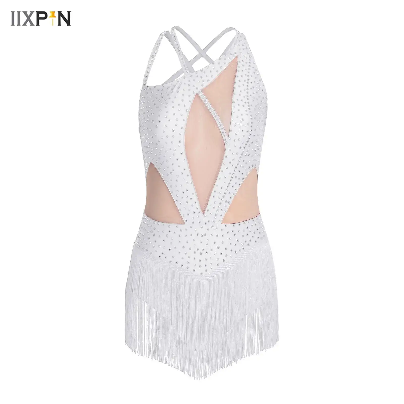 

Women Ballet Dance Leotard Rhinestone Tassel Bodysuit Dress Gymnastics Figure Skating Latin Stage Performance Costume Dancewear