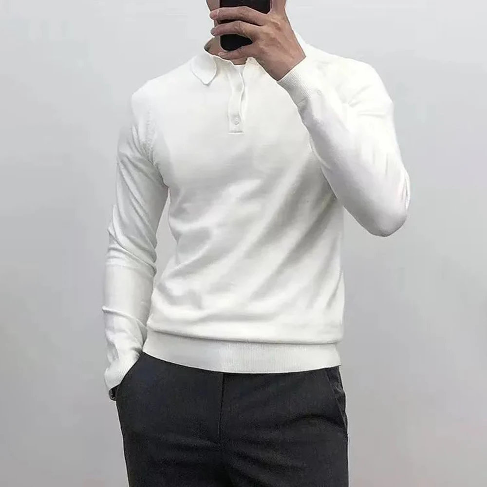 

Mens Autumn And Winter Solid Color Slim Lapel Knitted Bottoming Shirt Casual And Versatile Long-Sleeved Korean Retro Sweater