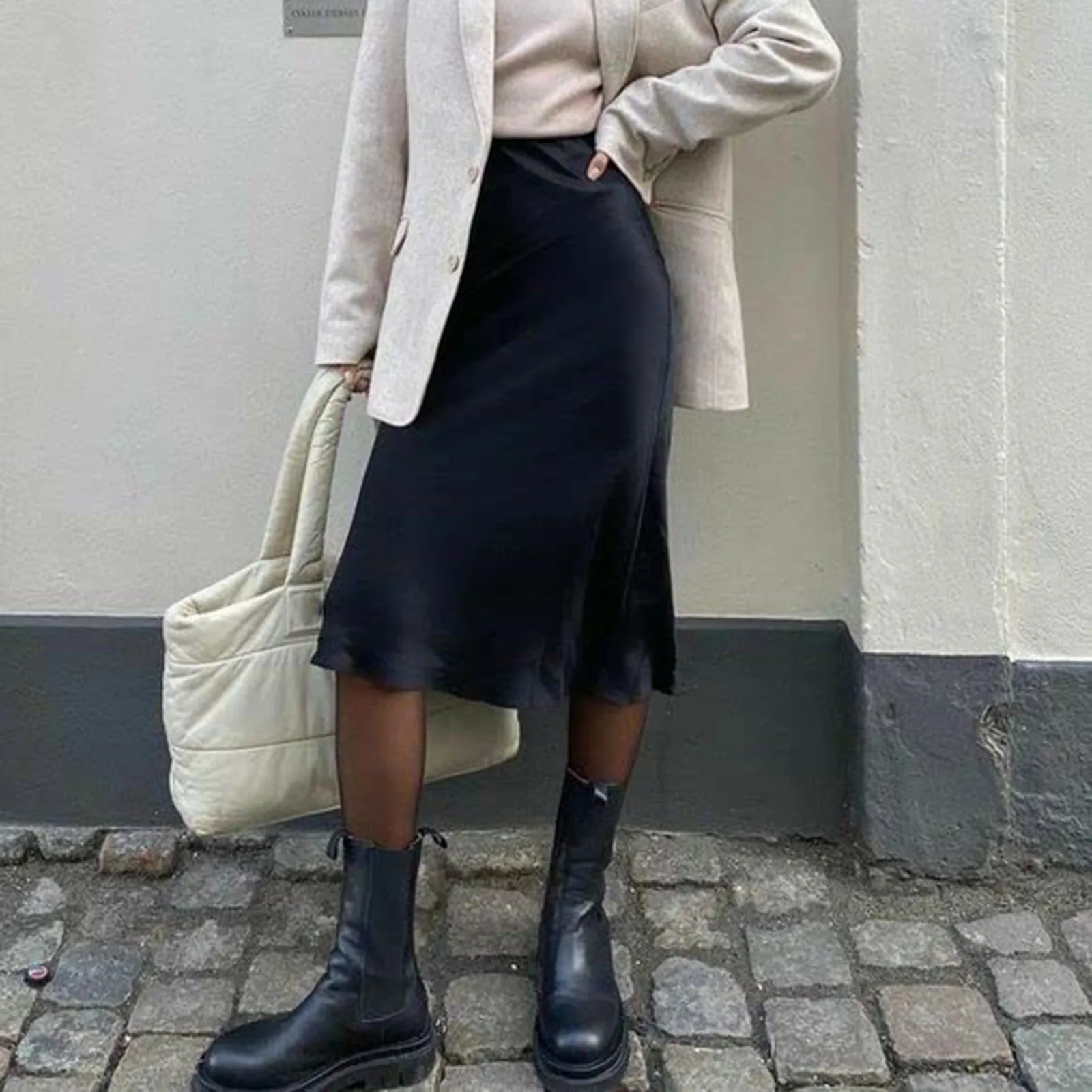 

Women's Temperament Solid Colour Satin Half Body Skirt High Waisted Casual Zipper Half Skirt Elegant Versatile Midi Half Skirt