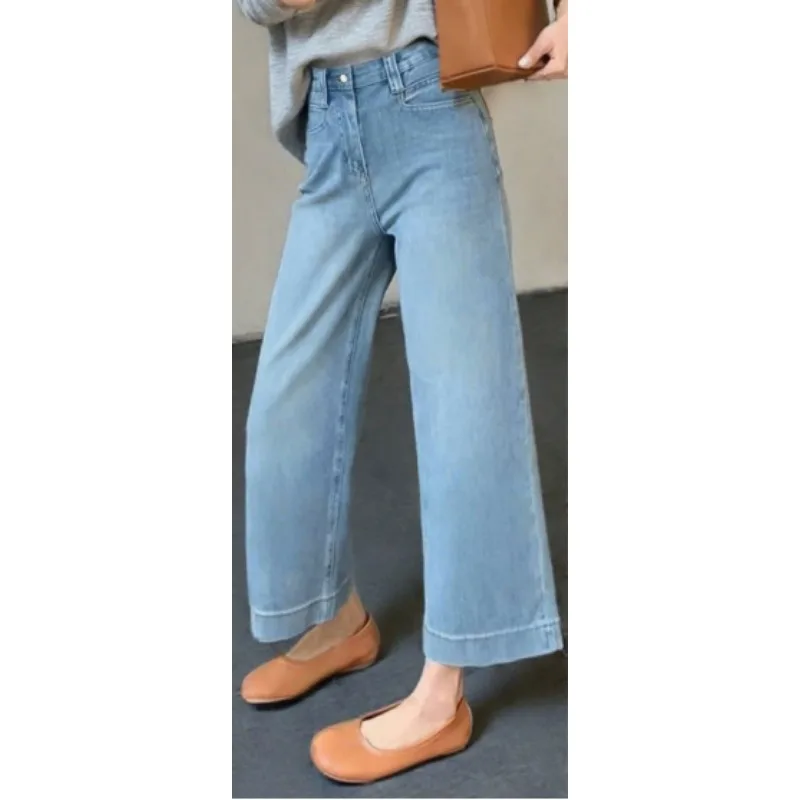 

Slim Fit Solid Color Commute Casual Korean Style High Waist Wide Leg Straight Pants Women's Denim Spring Vintage Simple Design