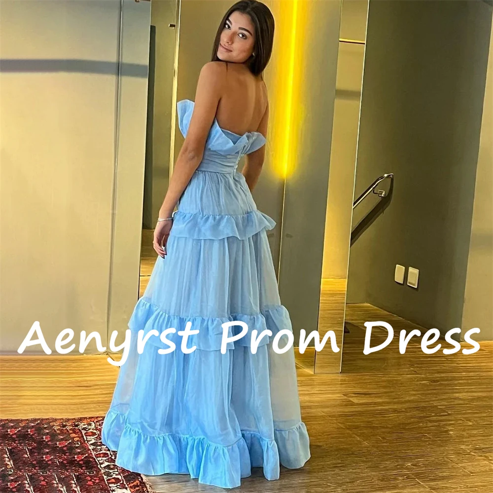 Aenyrst Blue Ruffles Strapless Prom Dresses Orangza A Line Evening Gowns Floor Length Dinner Party Dresses Elegant فساتين السهرة