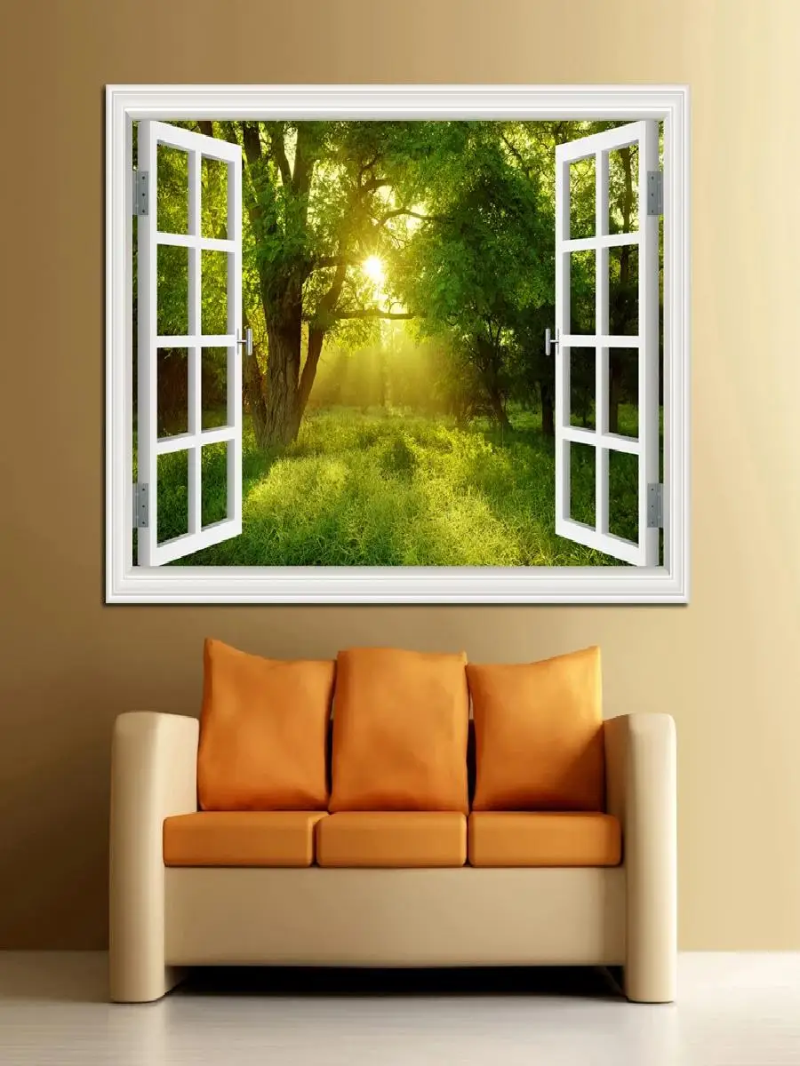 D Forest Window Landscape Wall Sticker  Removable Green  Golden Leaves Art Canvas Poster for Living Room  Forest Print Wall Deco