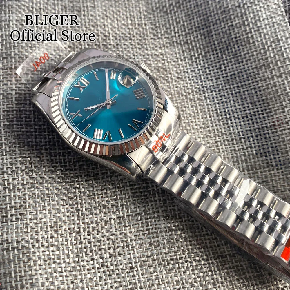 BLIGER 36mm NH35A Sunburst srebrny niebieska tarcza męski zegarek szafirowe szkło karbowana ramka zegarek automatyczny bransoletka jubileuszowa