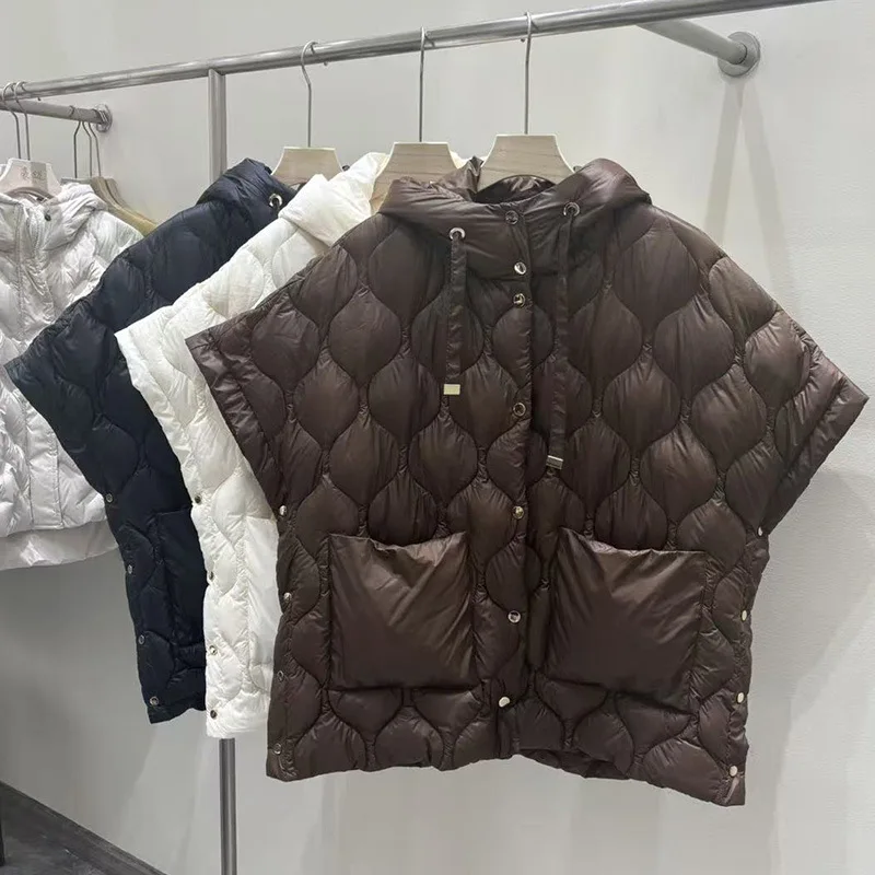 

2025 New Winter Women's 90% White Duck Down Vest Irregular Sleeveless Puffer Jacket With Hood Female Warm Waistcoat