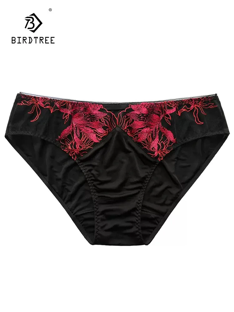 

BirdTree, 100%Real Silk Sexy Briefs, Women Low Waist Embroidery Lace, French Breathable Sexy Underwear, 2024 Summer P44101QC