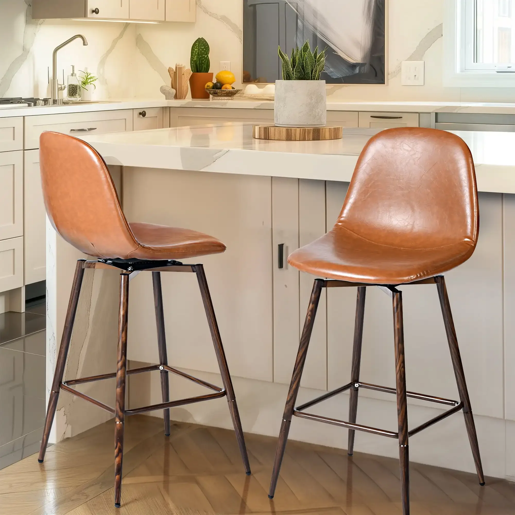 

26" Counter Height Bar Stools Set of 2, Swivel Stools for Kitchen Island, Caramel Brown