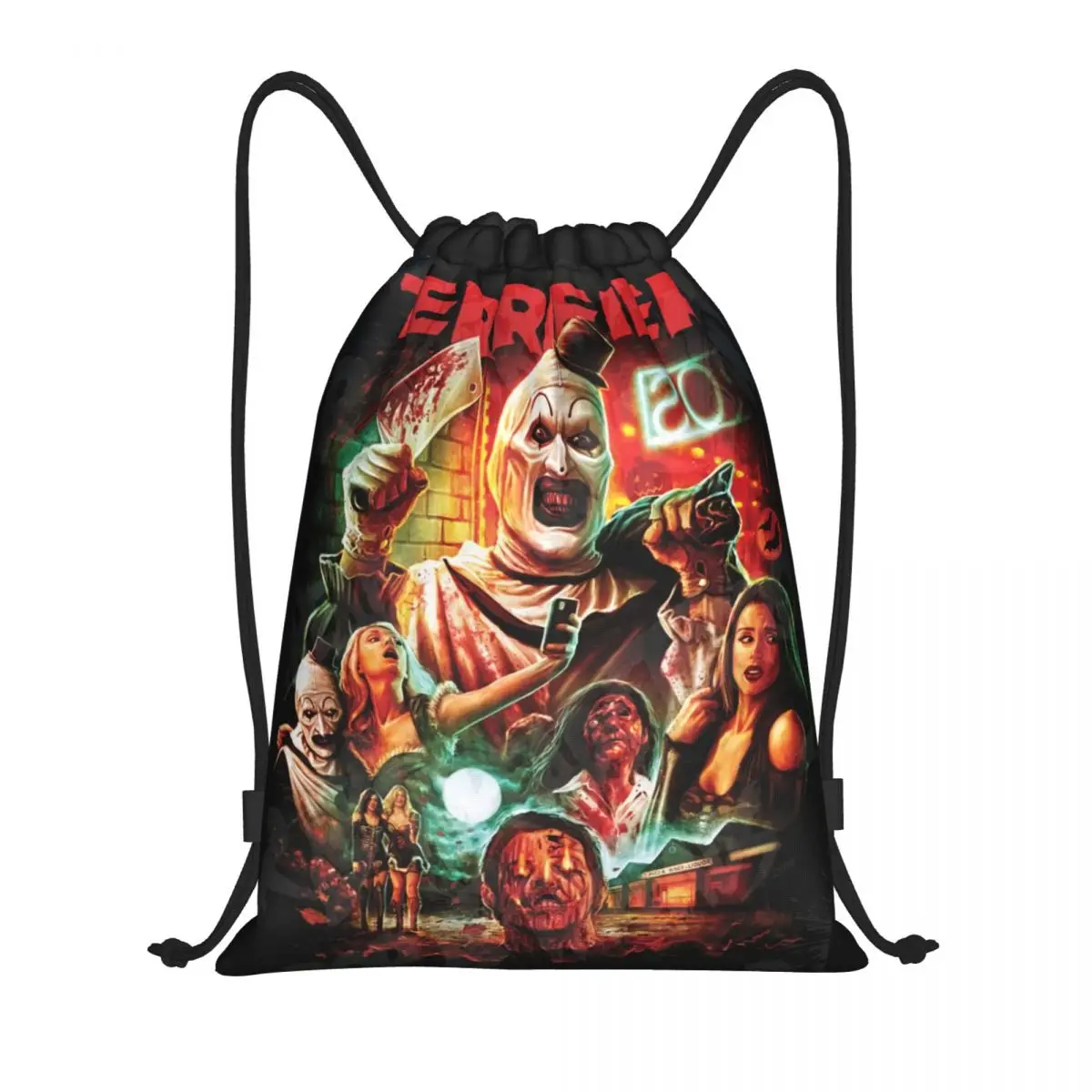 

Custom Horror Movie Terrifier Drawstring Bag for Shopping Yoga Backpacks Women Men Halloween Clown Sports Gym Sackpack