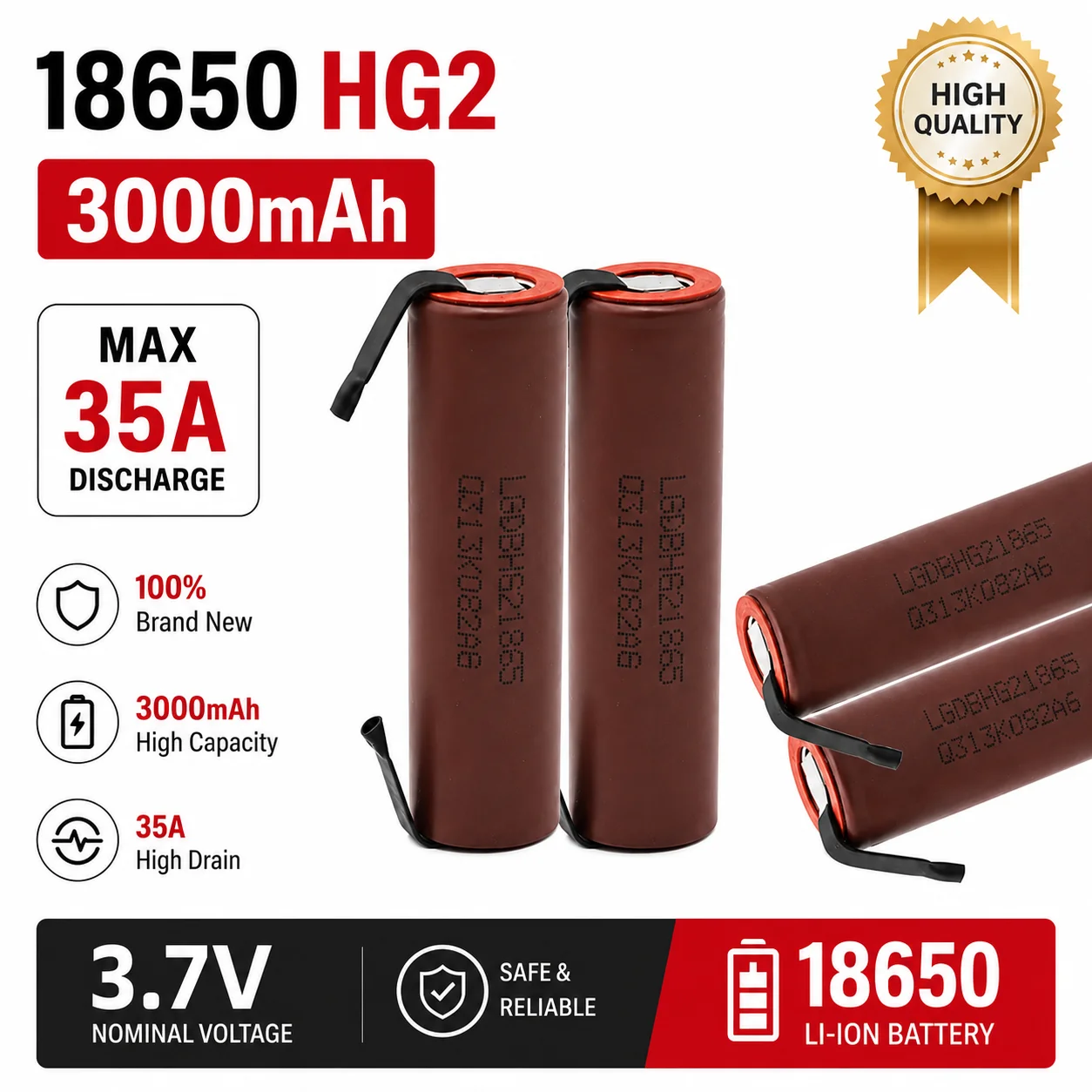 HG2 18650 3000mAh 3.7V Li-ion Rechargeable Battery 20A High Current Cell with Tabs for Electric Scooter Drill Balance car
