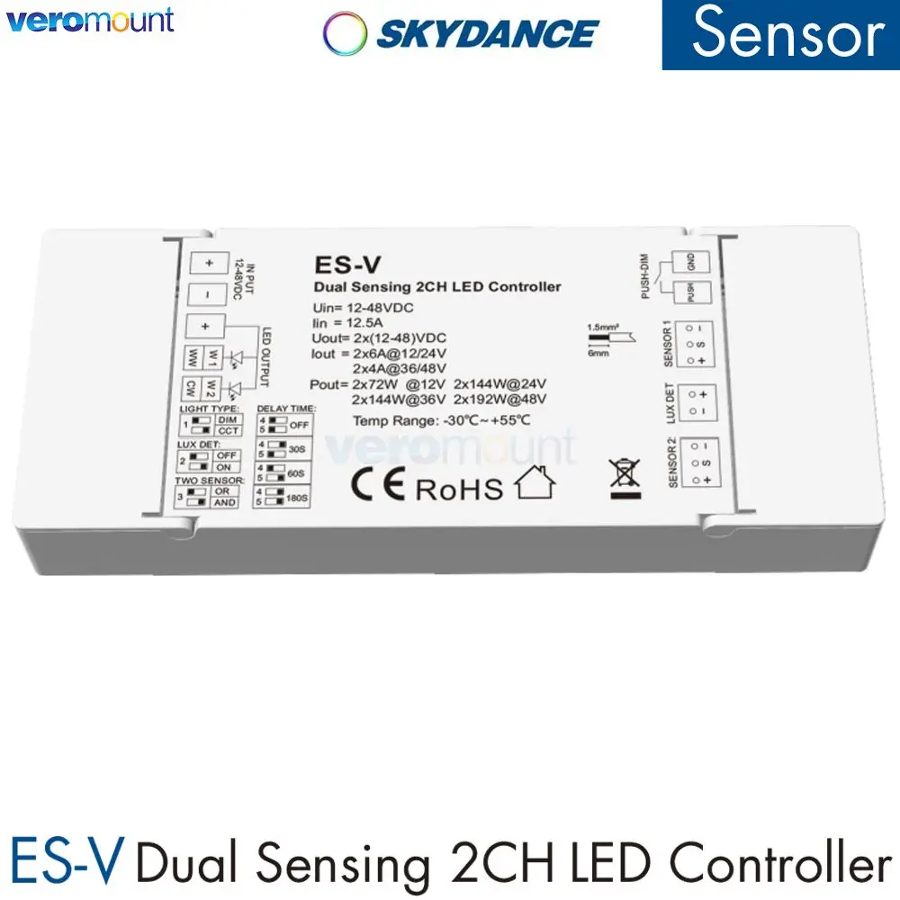Skydance ES-V PIR Motion Sensor 2CH LED Controller 12-48V Staircase Light Control Push Dimming For Single Color or CCT LED Strip