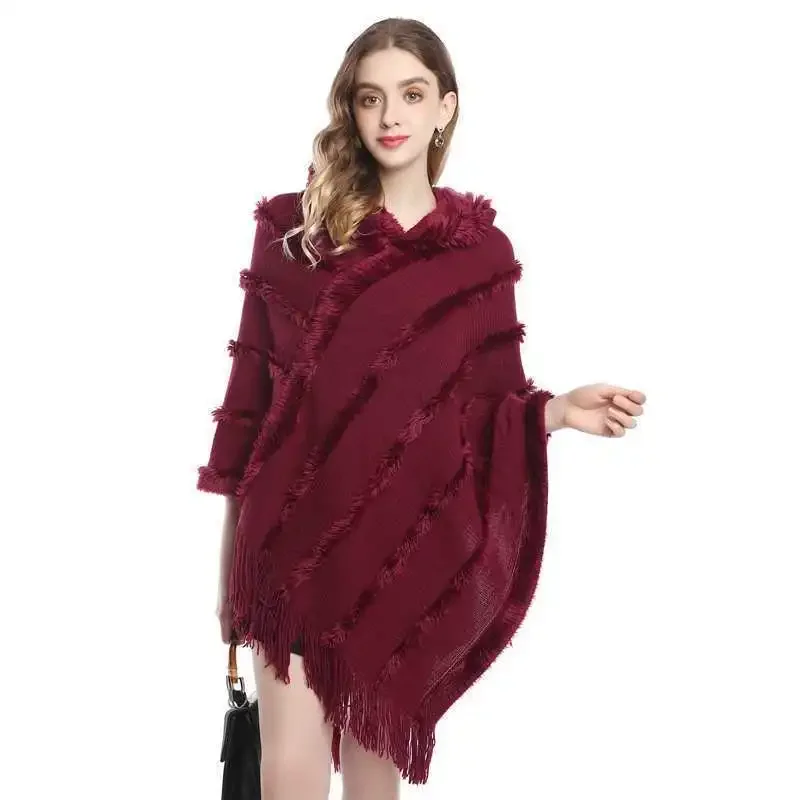 

Fashion Capes & Ponchos Solid Color Knitted Outerwear 2024 Autumn Winter New Thicken Fringed Hooded Cloak Shawl for Women Q431