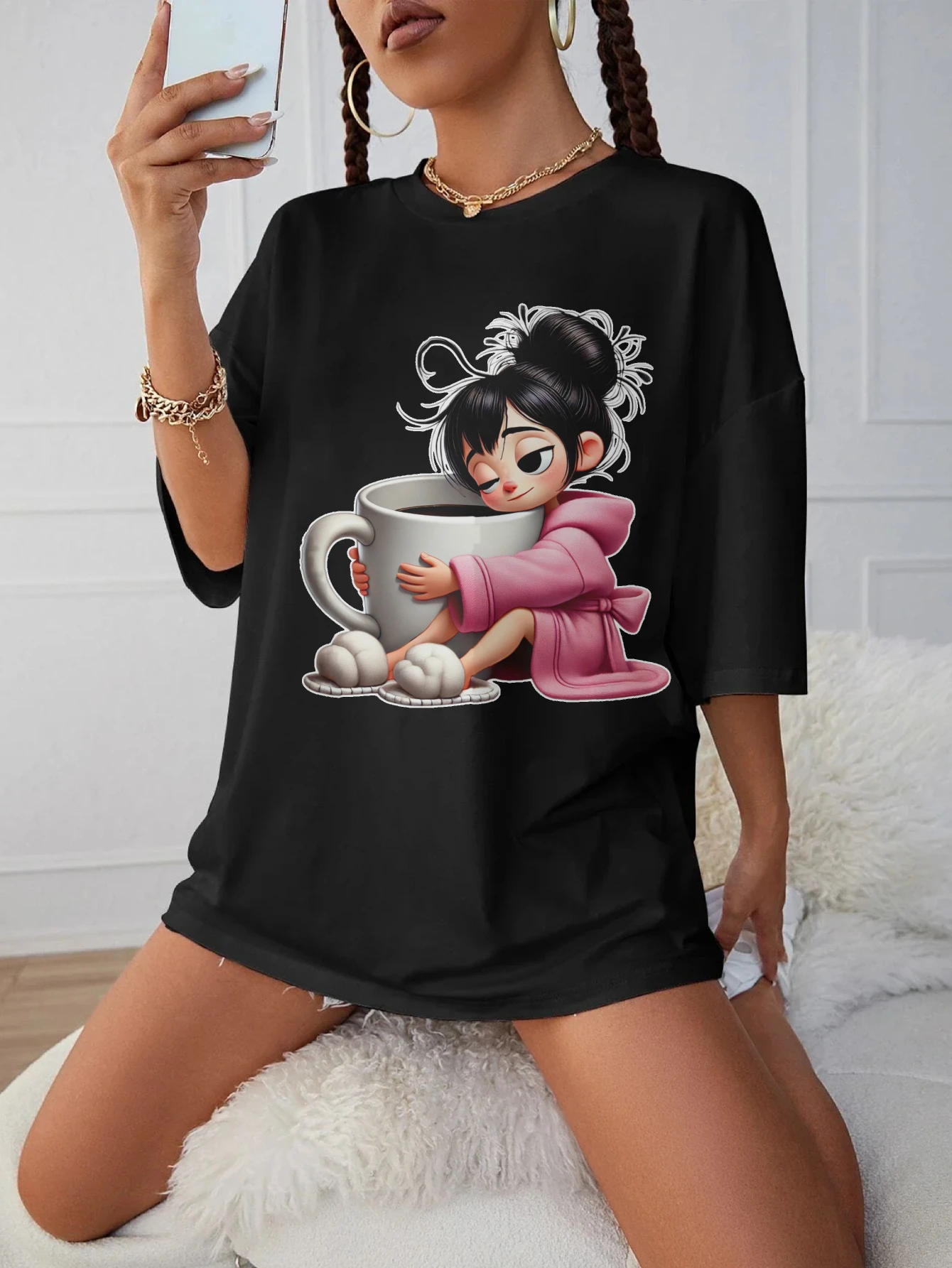 

Уютный женский черный топ с круглым вырезом для снаных девушек и любителей кофе, удобная мягкая осенняя одежда больших размеров, праздничная одежда на Хэллоуин