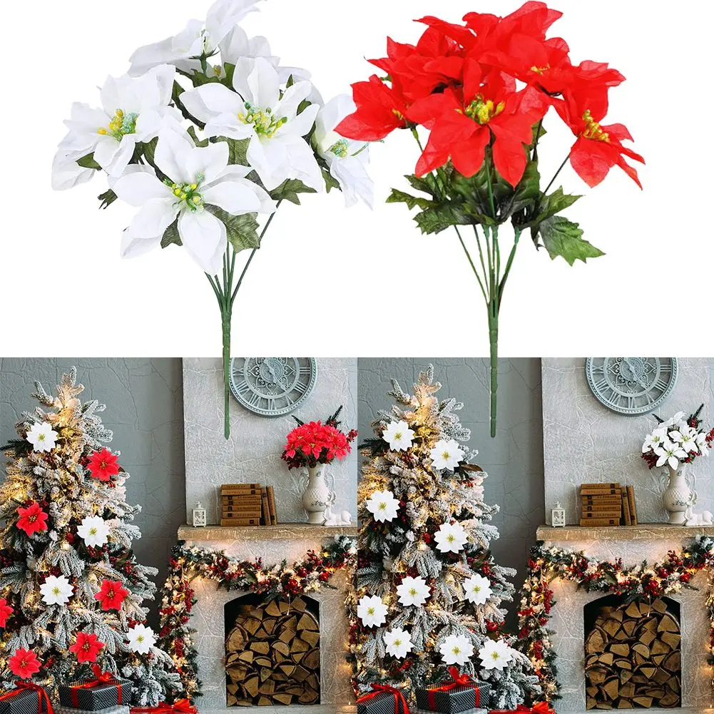 6pcs/pack Christmas White Simulation 7-pronged Artificial Poinsettia Flowers Aux Bush Bouquets Silk Decorations Home Party Decor