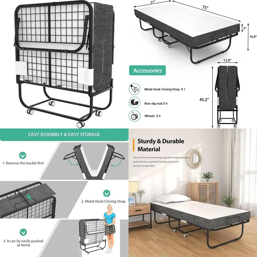 

Portable Folding Guest Bed with Memory Foam Mattress - Adult Size Rollaway Cot for Comfort