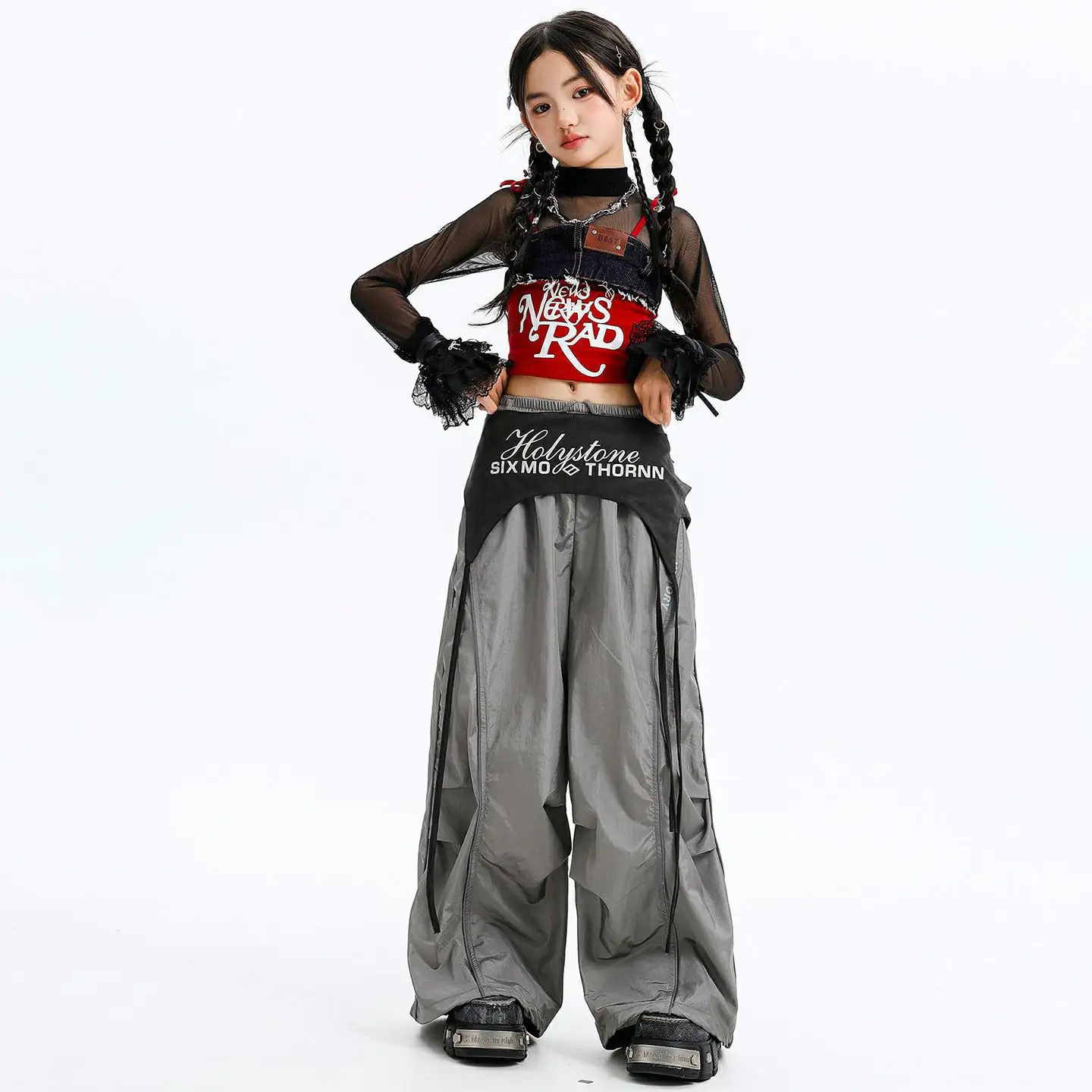 Enfant Kpop Hip Hop vêtements rouge Denim à lacets débardeur court maille haut gris décontracté large Parachute pantalon pour fille danse Costumes vêtements