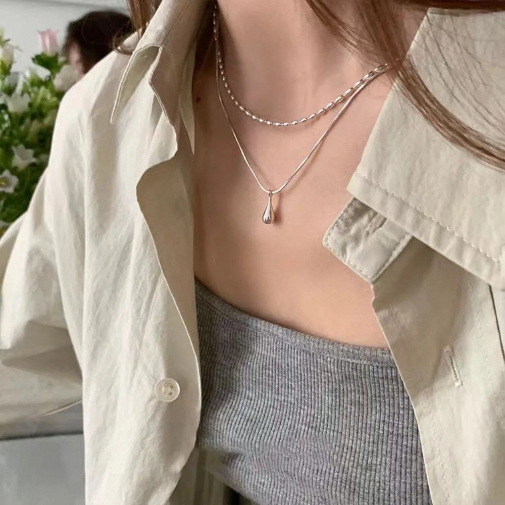 Silver Simple Design Water Drop Pendant Necklace for Women Double Collar Chain Fashion Fine Jewelry Gifts Long Layered Necklace
