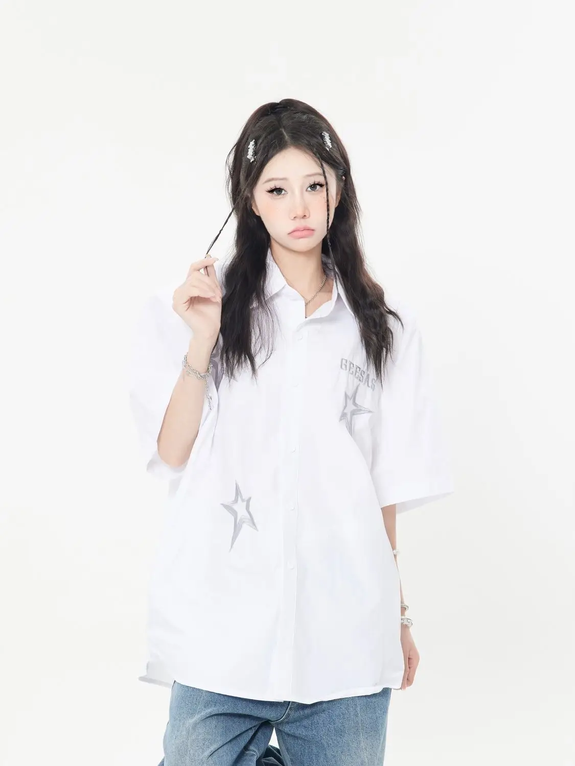 男性用ブラックTシャツ,5点星,オーバーサイズ,丈夫なブラウス,ボタン付き,y2k,ストリートウェア,原宿,カップル,夏