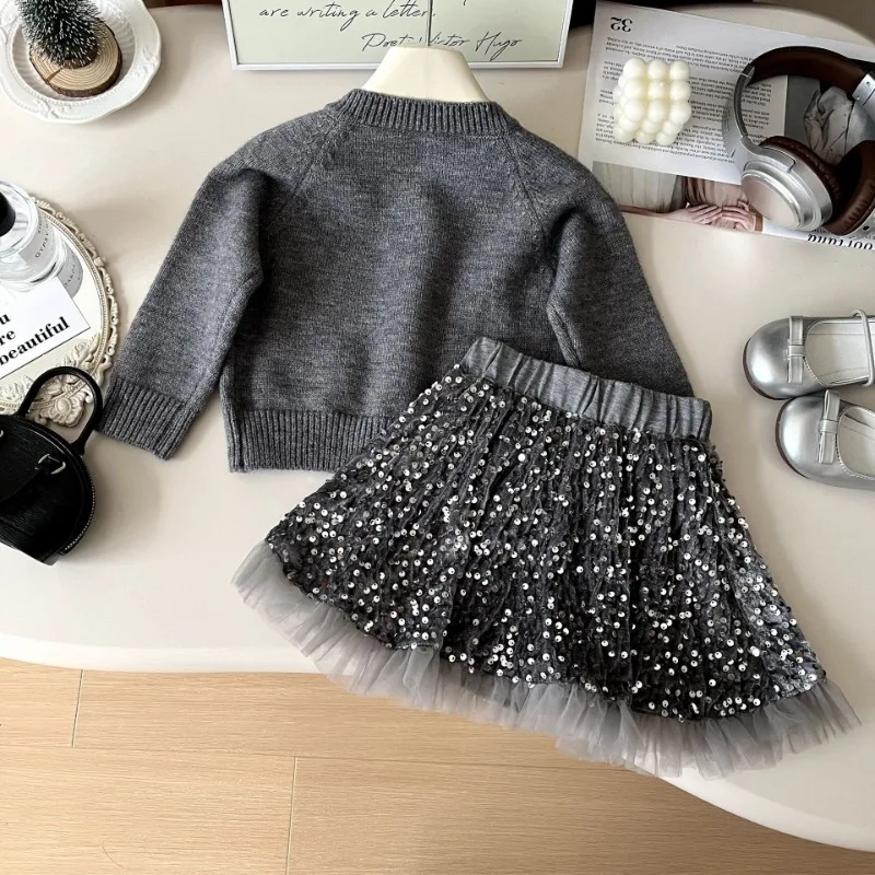 Girls Princess Suits Autumn Winter Knitted Sweaters Cardigan+Sequin Skirt Birthday Party Kids Outfits Set Baby Girl Clothes Sets