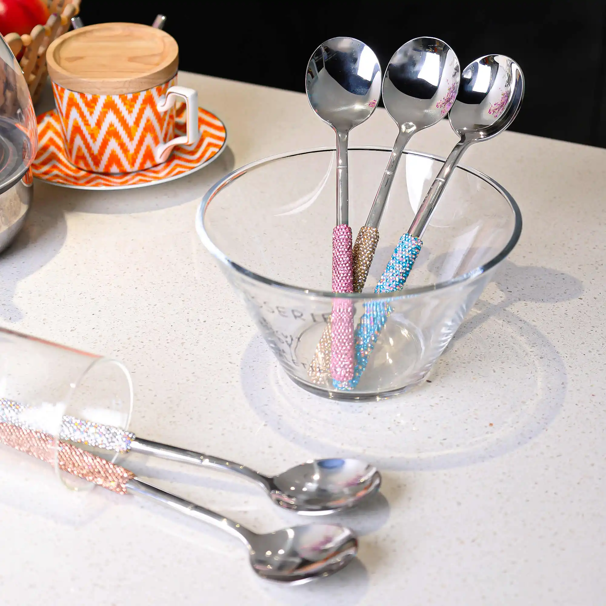 Bling Diamond Stainless Steel Spoon Silver Western Tableware Dessert Ice Cream Spoon Household Round Headed Soup Spoon Scoop