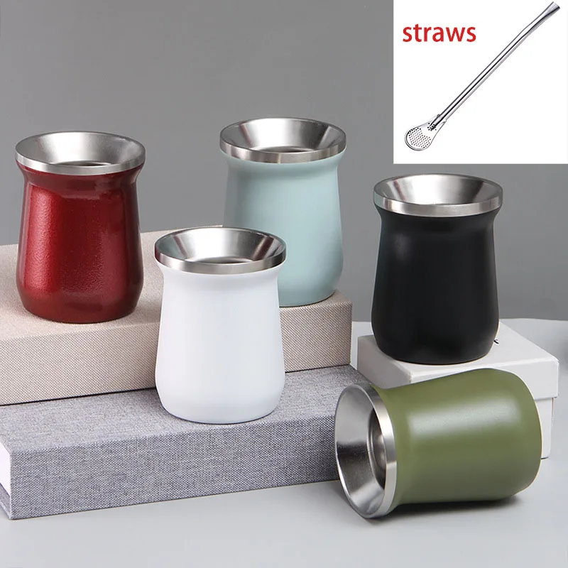 340ml Vacuum Beer Mug With Straw Yerba mate Double Layer Filter Spoon Outdoor Travel Coffee Mug Creative Insulated Mate Cup