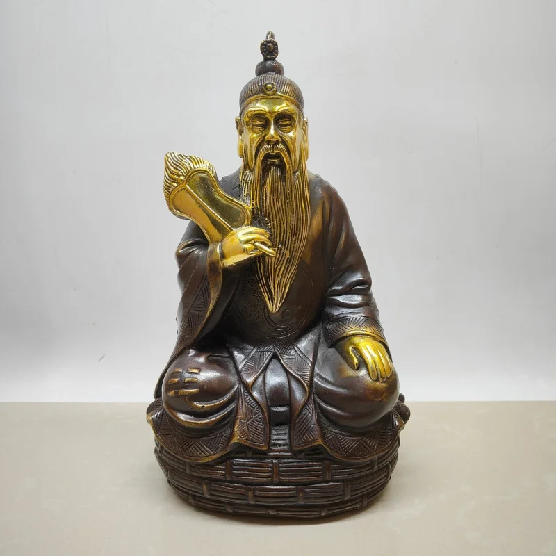 Antique collectible brass statue of the Supreme Elder Laojun, aged gilded, used as a worship ornament and craft item