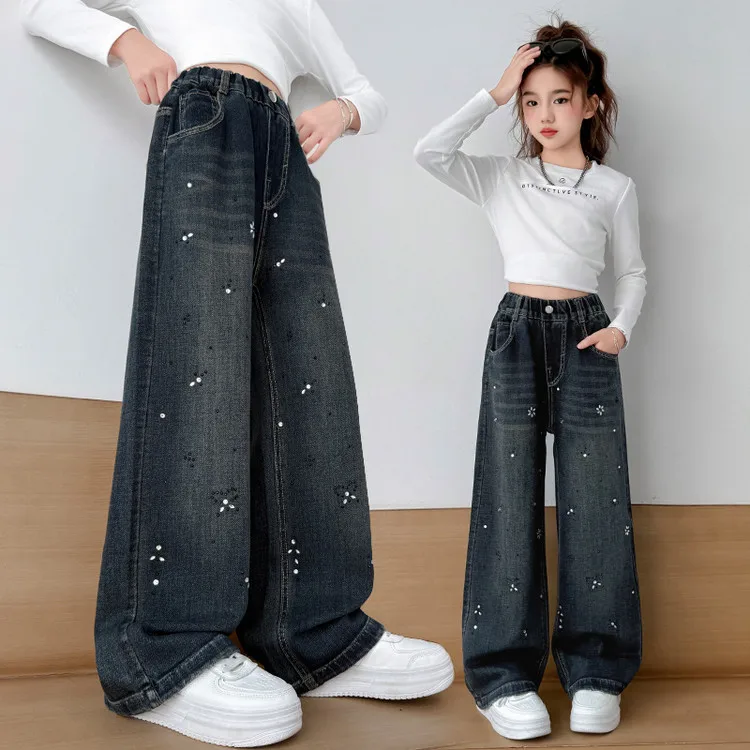 Girls Spring Autumn Pants 2026 New Starry Sky Bright Diamond Bow Jeans Children Hot Stamping Diamond Wide Leg Pants