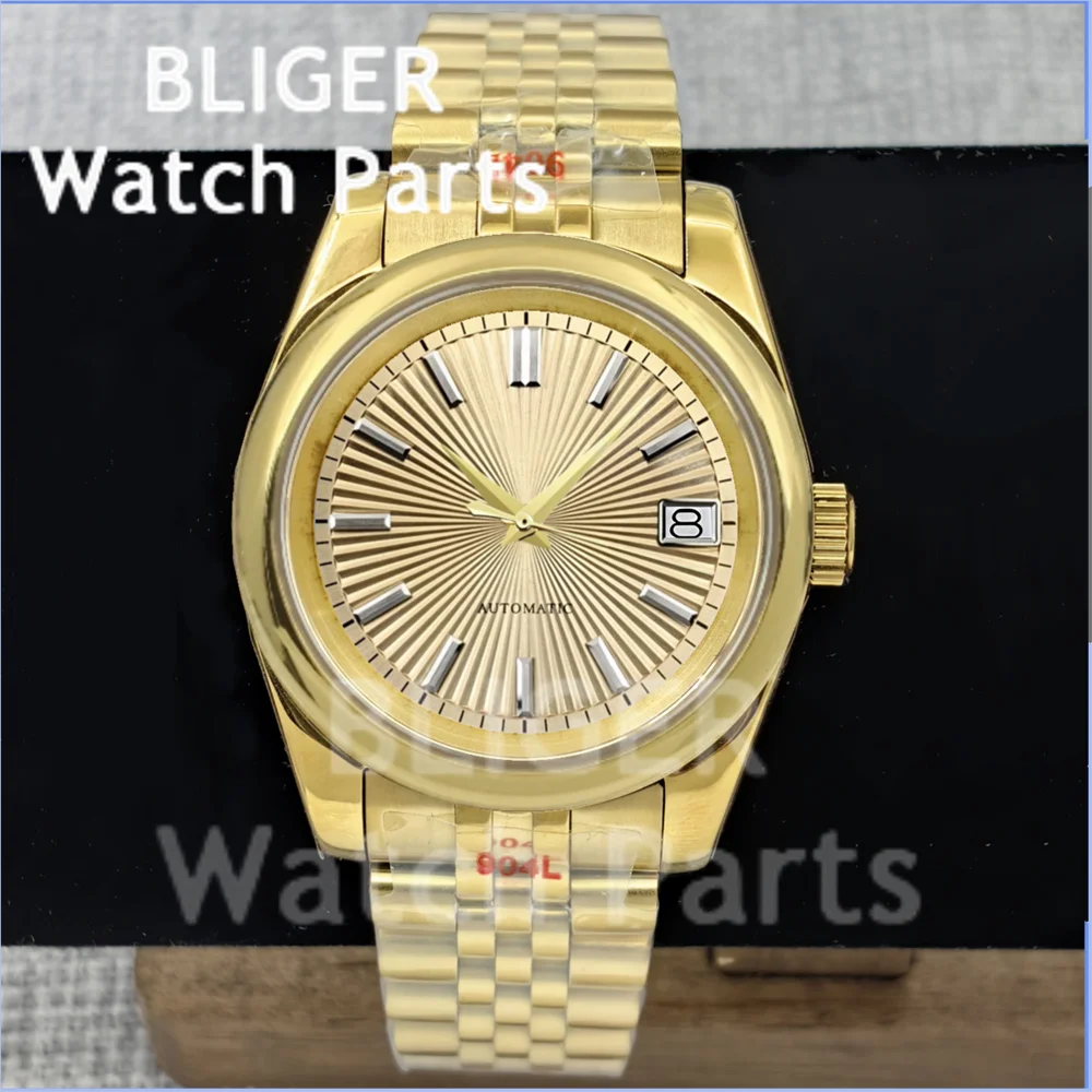 

BLIGER 36 мм 39 мм полностью золотые механические часы NH35A для мужчин бежевый складной вентилятор циферблат 100 м водонепроницаемые часы Reloj Hombre автоматические