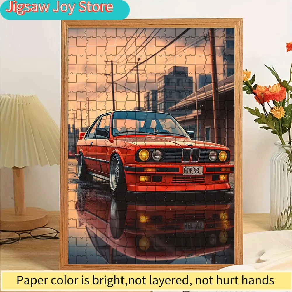 

Paper Jigsaw Puzzle Vibrant Orange BMW E30 Sports Car with Sunset Urban Street Scene Art Print Wall Decor Legendary German Vinta