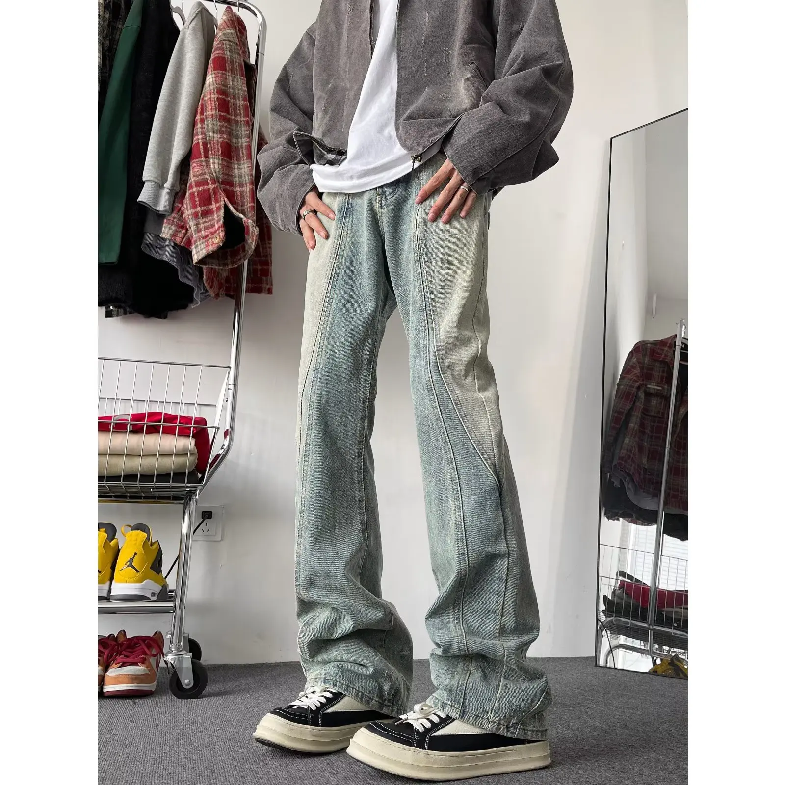 

American Retro Workwear Jeans Loose Straight Leg Bell Bottoms Washed out Trendy Brand Men's High Street Vibe Long Pants