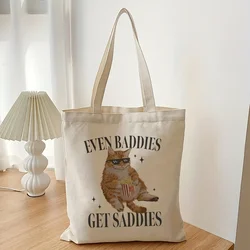 1pc Books Storage Totes Shopping Bags Reusable Cat Graphic Cloth Shoulder Bag