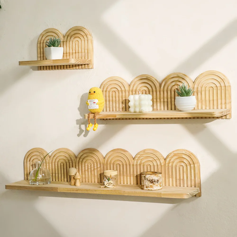Creative Solid Wood Wall Shelves Wooden Crafts Home Room Storage Antique Wabi Sabi Style Geometric Thread Home Room Decoration