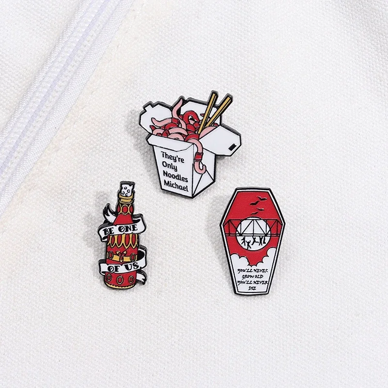 They're Only Noodles Michael Enamel Pins Custom Be One of Us Ketchup Food Brooches Clothes Lapel Badge Jewelry Gift for Friends