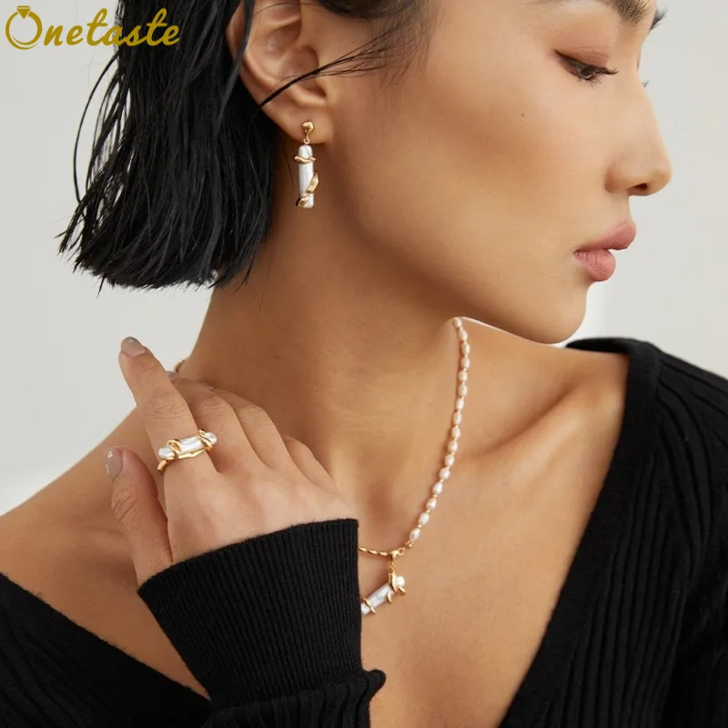 925 Silver Baroque Pearl Charm Jewelry Sets With Beaded Necklace Dangle Earrings And Open Ring For Women Stackable Trendy Gift
