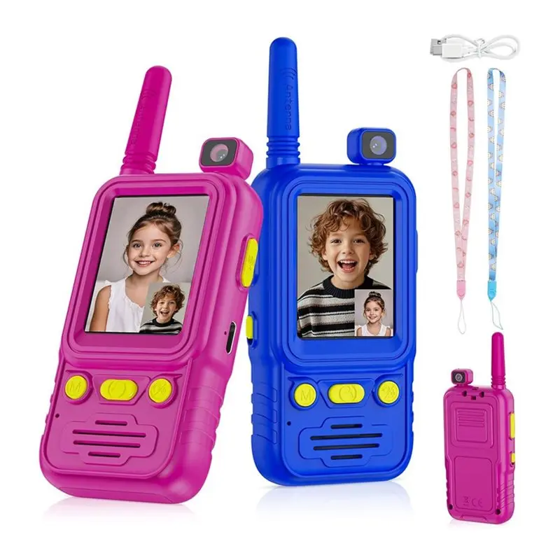 [b24b-】-video-walkie-talkies-for-kids-2-pack-rechargeable-design-with-180°-rotating-camera-cam-4-voice-changer-600ft-range-gi